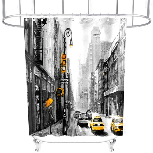 Zhenliemao New York City Shower Curtain Snow Retro Car Modern Manhattan Theme for Kids Bathroom Decor Cloth Fabric Sets with Hooks Waterproof Washable 72 x 72 Inches Yellow White and Black