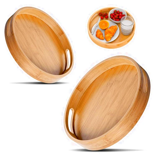 RHBLME 2 Pack Round Wood Tray, 12 Inch & 14 Inch Round Serving Tray with Handles, Large Circle Tray Decorative Wooden Serve Tray, Round Ottoman Tray Round Bamboo Tray for Food Cocktail Drink