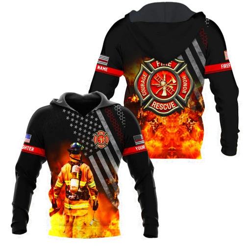 Generic Vybonz Personalized Firefighter Hoodie Zip Custom Name Fire Man Firefighter Gift Sweatshirt 3D Unisex Shirt for Men Women