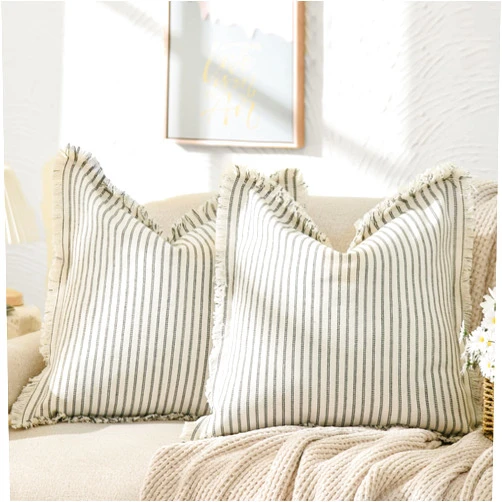 ZWJD Throw Pillow Covers 18x18 Set of 2 Striped Pillow Covers with Fringe Chic Cotton Decorative Pillows Square Cushion Covers for Sofa Couch Bed Living Room Farmhouse Decor