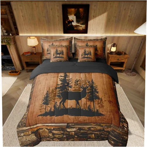 Feelyou Deer Comforter Set with Sheets - Queen Size 7 Piece Kids Rustic Hunting Bedding Set - Cabin Lodge Deer Bed in a Bag - Farmhouse Nature Wildlife Antlers Brown Bed Set