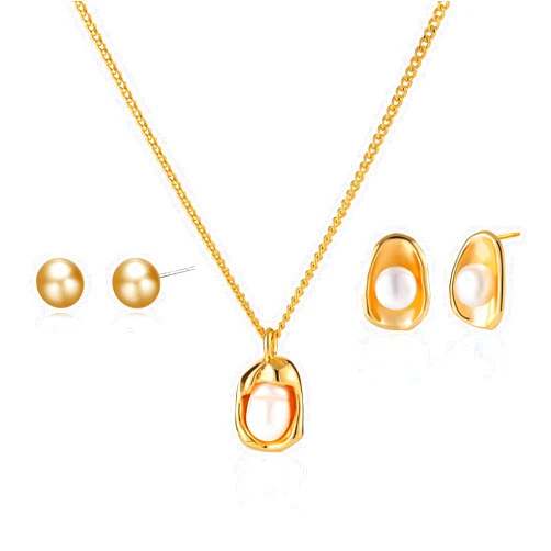 Lijiayione Gold Jewelry Set for Women - Dainty 14K Gold/Silver Plated Pearl Pendant Necklace and Earring Set - Wedding Jewelry Gift