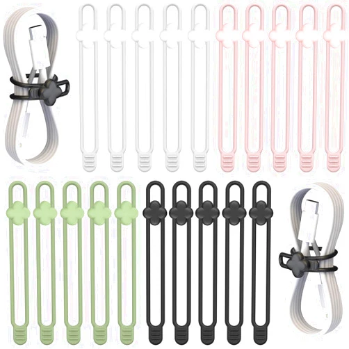 AFunCrafter Silicone Cable Ties - 20 PCS Travel Cord Organizer, Charger Wire Holder Wrap Keeper Electrical Management, Rubber Bands Office Supplies, Reusable Twist Straps for Phone USB