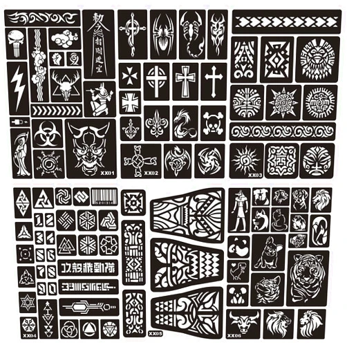 Kotbs 6 Sheets Temporary Tattoo Stencils, 100pcs Tiger Totem Patterns Henna Stencil Kit, Jumbo Temporary Glitter Airbrush Tattoo Stickers for Body Paint Art