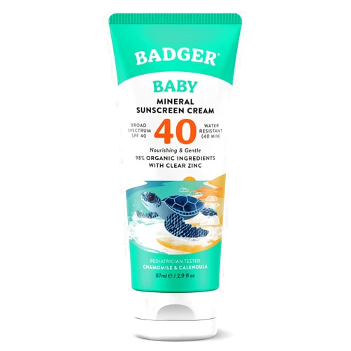 Badger Baby Mineral Sunscreen Cream SPF 40, Organic Toddler Sunscreen with Zinc Oxide, Broad Spectrum, Reef Safe, Water Resistant, Pediatrician Tested Baby Sunblock for Sensitive Skin, 2.9 fl oz
