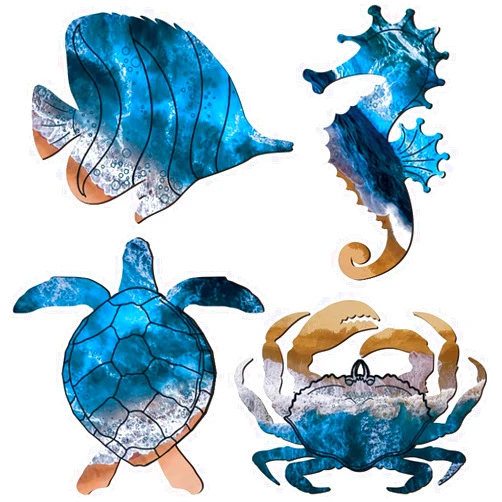 WIPEO Wall Sculptures Metal Outdoor Wall Art Decor, Beach Pool Sea Decor Theme with Metal Sea Turtle Fish Crab and Seahorse Decor,Tropicalc Fish Decor, Beach Theme Metal Wall Decor for Bathroom, Bedroom