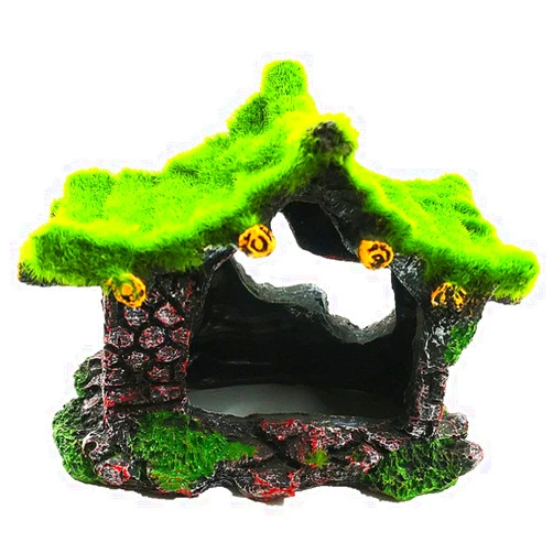 IBWell Aquarium Decoration House Resin Hollow Hideout House, Fish Tank Accessories Cave Ornament Tank Small Fish Hideaway with Moss
