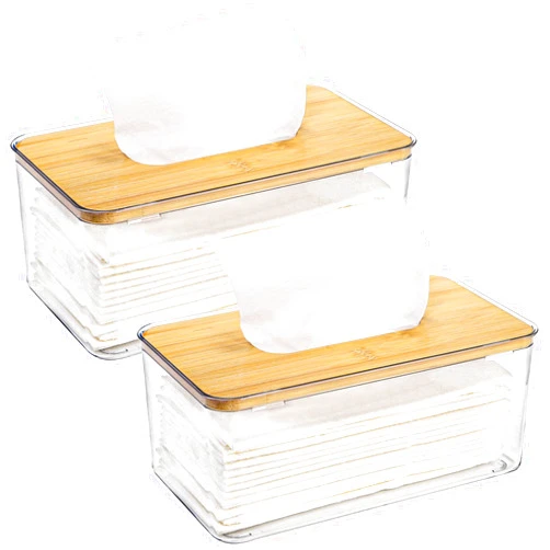 Jucoan 2 Pack Clear Acrylic Tissue Box Cover, Rectangle Paper Facial Tissue Box Holder, Dryer Sheet Dispenser for Laundry Room, Bathroom, Kitchen, Home