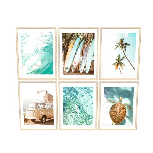 EVPYXFUT Set of 6 Tropical Beach Canvas Wall Art Surf Poster Summer Ocean Coastal Pictures Turtle Print Palm Tree Surfboard Gallery Paintings Nautical Bus Wall Decor for Bedroom Bathroom Unframed