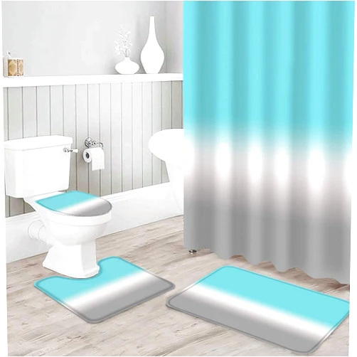 jieprom 4PCS Teal Grey Ombre Shower Curtain Set with Rugs, Toilet Lid Cover and Bath Mat, Gradient Color Shower Curtain with 12 Hooks, Durable Bathroom Decor Set