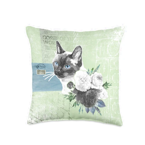 Cats by Fluffabulous Prints Siamese cat with flowers, classic, vintage look, light green Throw Pillow