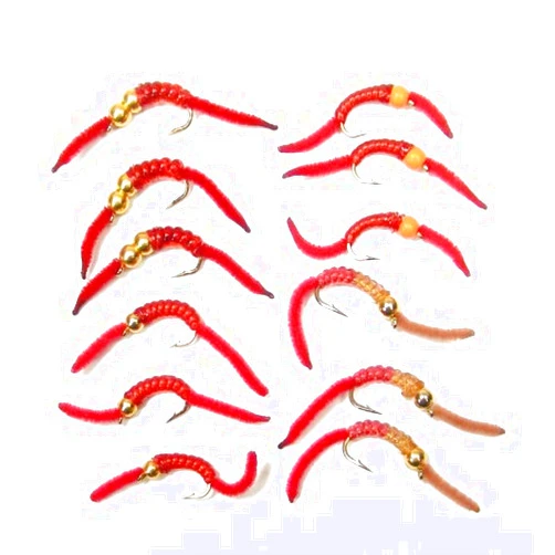 The Fly Fishing Place San Juan Worm Bead Trout Fly Assortment, 12 Wet Nymph Flies, Hook Size 14, 4 Patterns (3 Each)