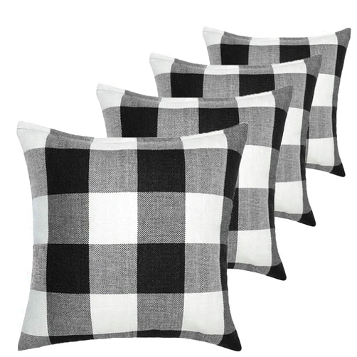 BHMBKCT 4 Pack Buffalo Check Plaid Throw Pillow Cover Cotton Linen Square Pillow Cover for Home Decor Sofa Bedroom Car Black and White 18x18 Inch