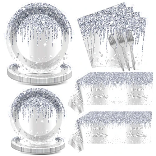 ZOIIWA 98 Pieces Silver Happy Birthday Decorations for 24 Guests Diamonds Silver Glitter Birthday Party Plates and Napkins Tablecloths Silver Birthday Tableware Set Baby Shower Wedding Party Favors