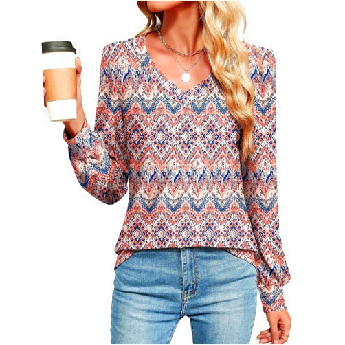 LOMON Womens Long Sleeve Tops Fall V-Neck Blouses Dressy Casual Puff Sleeve Textured T-Shirts Eyelet Tunic