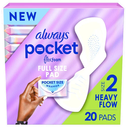Always Pocket Feminine Pads for Women with FlexFoam, Size 2, Heavy Flow, with Wings, Unscented, 20 Count
