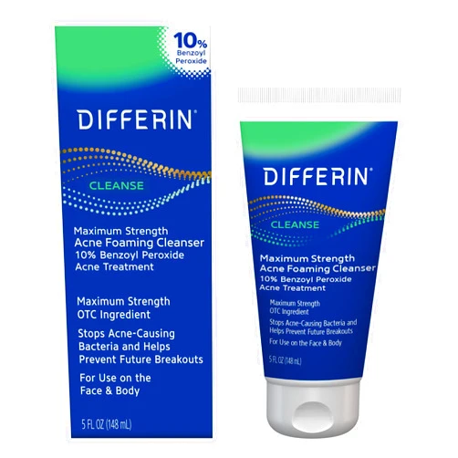 Differin Acne Face Wash with 10% Benzoyl Peroxide, Maximum Strength OTC Acne Foaming Cleanser, Fast Acting Acne Treatment for Face and Body, 5 oz.