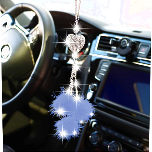 YIDEXIN Bling Car Accessories for Women £¦ Men Bling White Heart and Pink Fuzzy Drops Bling Rinestones Diamond Car Accessories Crystal Car Rear View Mirror Charms,Lucky Hanging Accessories (Blue)