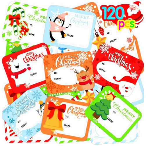FINGOOO Christmas Gift Tags Stickers,120 Pieces Xmas Holiday Present Labels for Gift Self Adhesive Sticker for Friends(12 Patterns)