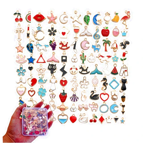 Tangser 100Pcs Assorted Gold Plated Enamel Pendants Necklace Bracelet Charms for Necklace Bracelet Jewelry Making and Crafting with a PP Case