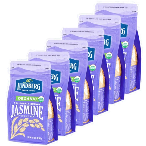 Lundberg Organic Jasmine Rice, Long Grain Brown Rice - Non-Sticky, Fluffy Aromatic Rice, Organically Grown in California, Pantry Staples, 32 Oz (Pack of 6)