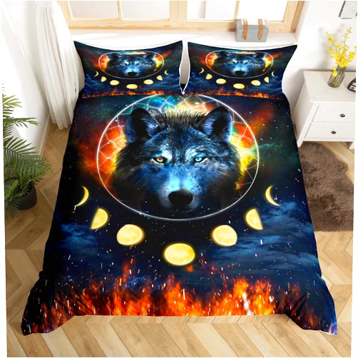 Feelyou Wolf Comforter Cover Set Full Size, Boys Bedding Set Kids Room Decor Boho Wolf Duvet Cover for Man, Animal Printed Bedspread Cover Soft Galaxy Dreamcatcher Moon Wildlife Quilt Cover 3 Pcs,Blue Yellow