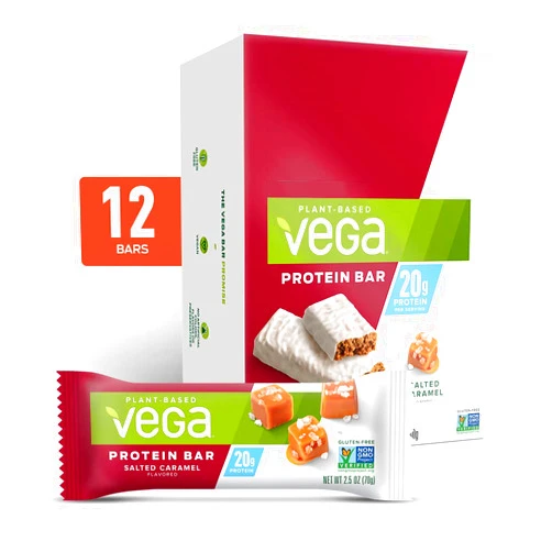 Vega 20g Protein Bar, Salted Caramel - High Protein Vegan Protein Bars, Plant Based, Vegetarian, Dairy Free, Gluten Free, Soy Free, Non GMO (12 Count)