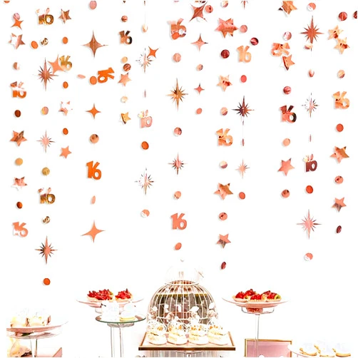 Pinkblume Rose Gold Number 16 Circle Dot Twinkle Star Garland Kit Metallic Hanging Streamer Bunting Banner Backdrop Decorations for Girls 16th Birthday Sweet Sixteen Wedding Anniversary Bridal Shower Party