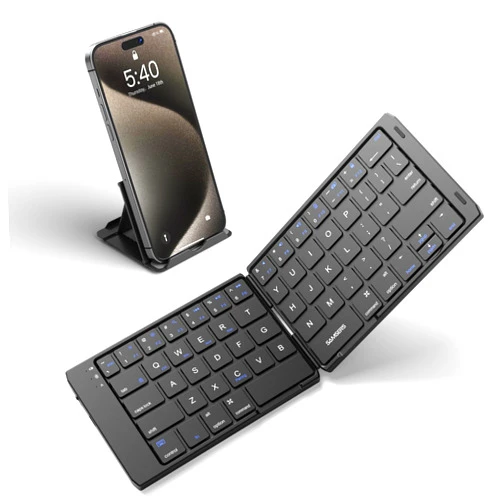 Samsers Foldable Bluetooth Keyboard Portable Folding Keyboard for Travel, Rechargeable Wireless Key Board with Phone Holder for iPad, iPhone, MacBook, Android, Windows Laptop Tablet PC - Black