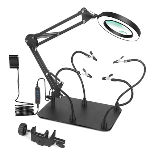 EOOKU Magnifying Glass with Light and Stand, EOOKU Flexible Magnetic Helping Hand, 5X&10X 12V 108pcs LED Beads Magnifying Lamp, 3 Modes Adjustable Swivel Gooseneck Arms & Heavy Duty Base Plate