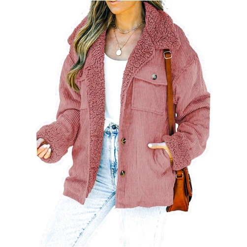 Dokotoo Corduroy Sherpa Jacket for Women Button Down Fleece Fur Collar Winter Warm Coat
