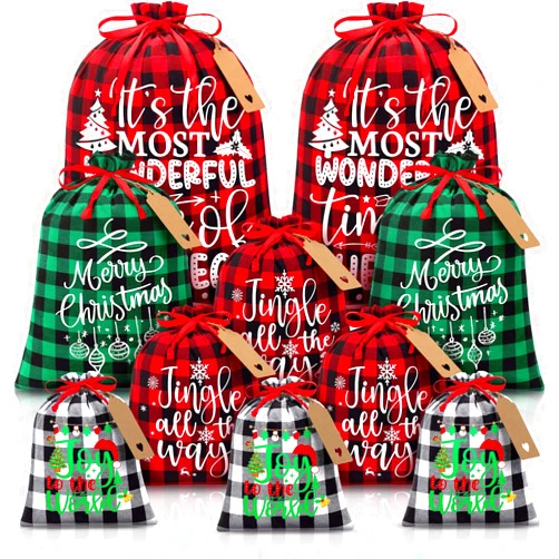 FLOE 10 PCS Christmas Drawstring Gift Bags with Tags, Buffalo Plaid Xmas Gift Bags Assorted Sizes Bulk, Cotton Fabric Holiday Gift Bags Large Medium Small Wrapping Bags for Xmas Presents Decor Party Favors