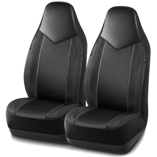 PIC AUTO Leather Car Seat Covers, Sports Carbon Fiber & Mesh Design, High-Back Two Front Set, Waterproof Automotive Seat Covers, Airbag Compatible, Universal Fit for Most Cars (Black & Black)