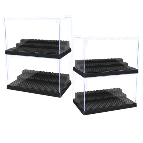 Pokiiulk 4 Pack Display Case for Minifigure Action Figures Blocks,2 Pack of Clear Acrylic Minifigure Display Case Box Storage with 3 Movable Steps Gifts for Kids Adults (Black)
