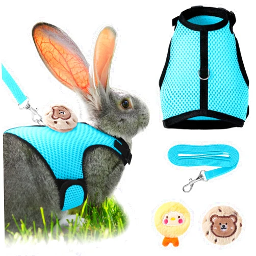 Bunnycool Rabbit Harness and Leash Set with 2 Cute Decorations Soft Adjustable Buckle Breathable Mesh Vest Harness for Rabbits Ferret Small Pig Puppy Walking Supplies (Light Blue,Lively Pattern)