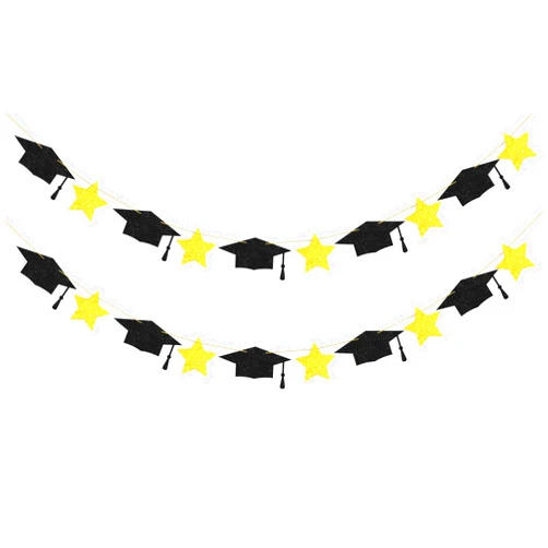 FAKTEEN 2 Pcs Graduation Cap Garland Banner Gold and Black Graduation Decorations, Assembled Graduation Banner for 2024 High School College Grad Party Favors