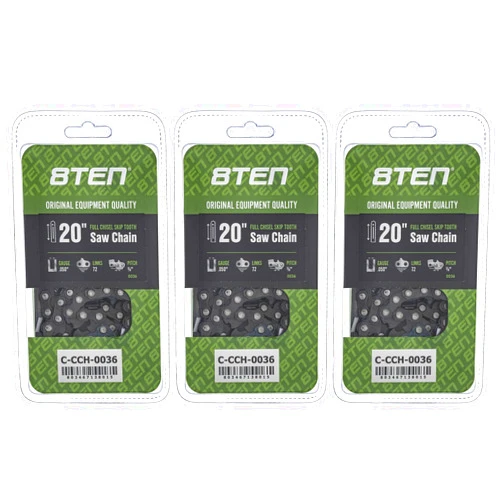 8TEN Full Chisel Skip Tooth Chainsaw Chain 20 Inch .050 3/8 72DL For Husqvarna 455 Rancher Stihl MS 270 Poulan (3 Pack)