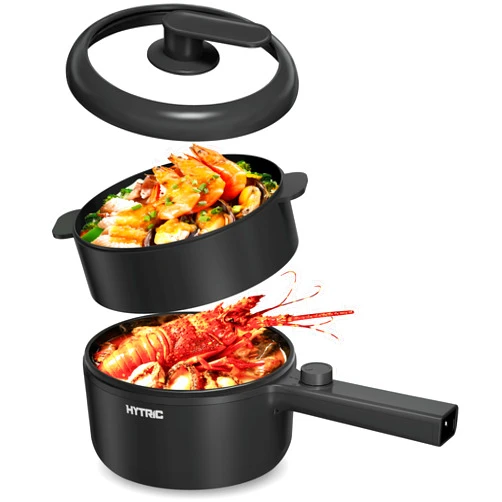 HYTRIC Hot Pot Electric with Steamer, 1.5L Portable Non-stick Frying Pan, Electric Cooker for Steak, Egg, Pasta, Ramen Cooker with Dual Power Control, Electric Pot for Office, Dorm, Camping, Black