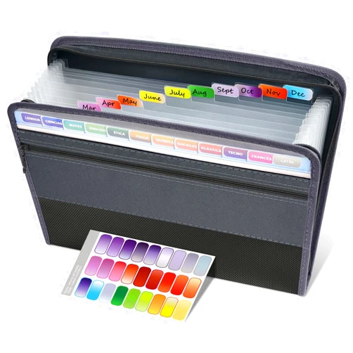 Sooez Accordion File Organizer with Safe Zipper, 12 Pocket Expanding File Folder with Front Pencil Pouch, Portable Monthly Paper Bill Tax Receipt Organizer, School Office Supplies, Letter Size, Black
