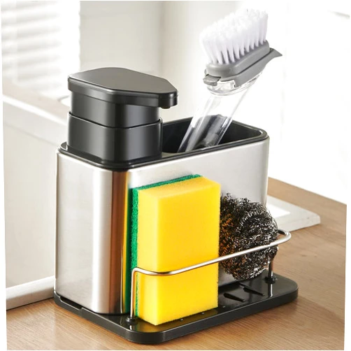 TESOT Dish Soap Dispenser 3-in-1 Sponge Holder for Kitchen Sink Stainless Steel, Rustproof