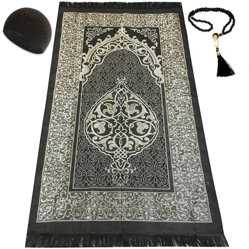 Kapobia Muslim Prayer Rug Prayer Beads Kufi Hat for Men and Women 100% Breathable Black Skull Beanie Traditional Desing Prayer Mat Eid Ramadan Gifts Islamic Set Salah Mat Taffeta Fabric Soft (Black)