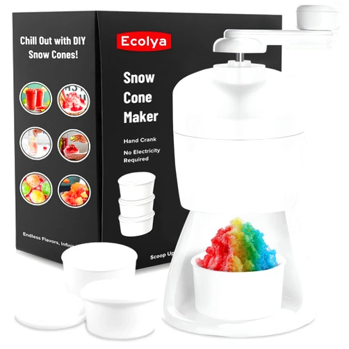 Ecolya Snow Cone Machine, Ice Crusher for Home Use, Snow Cone Maker for Kids, Shaved Ice Slushy Machine, Ice Shaver Manual, Hand Crank, with 3 Ice Block Molds