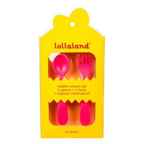 Lollaland 5 Piece Plastic Toddler Silverware Spoon and Fork Utensil Set - Reusable Toddler Cutlery With Hygienic Travel Pouch (Pink)