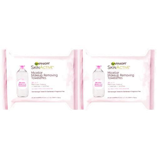 Garnier Micellar Facial Cleanser & Makeup Remover Wipes, Gentle for All Skin Types (25 Wipes), 2 Count (Packaging May Vary)