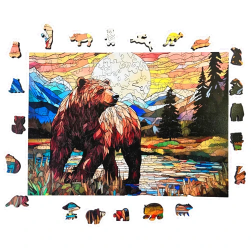 MAKUARI Wooden Puzzle for Adults, Jigsaw Puzzle, Big Grizzly Bear 200 Pcs, Premium Thickness 5mm, Medium Size, Best Gift for Adults Kids, Family Game, Animal Shape, American Landscape