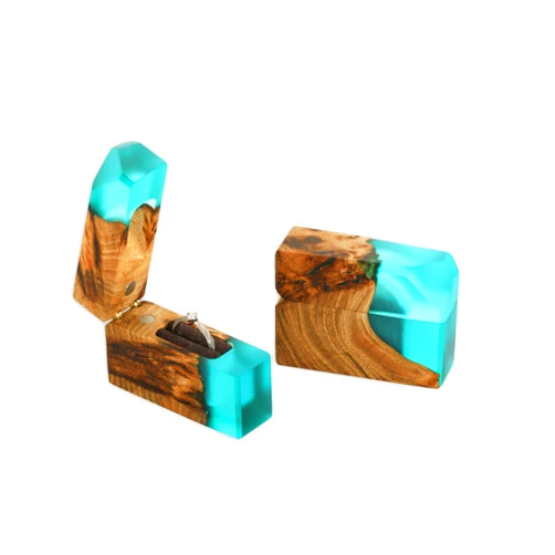 RWA resinwood.art Flash - Exquisite Epoxy and Wood Marry Me Proposal Ring Box, Elegant Box for Slim Rings, Luxury Resin Ring Holder for Engagements (Aqua Blue/Dark Wood)