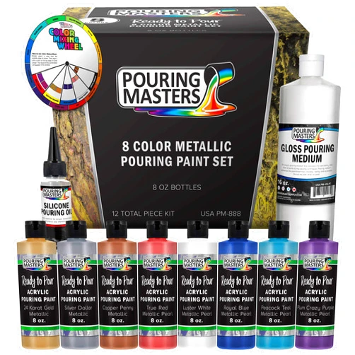 U.S. Art Supply Pouring Masters 8-Color Metallic Ready to Pour Acrylic Metallic Pouring Paint Set - Premium Pre-Mixed High Flow 8-Ounce Bottles - for Canvas, Wood, Paper, Crafts, Tile, Rocks and More