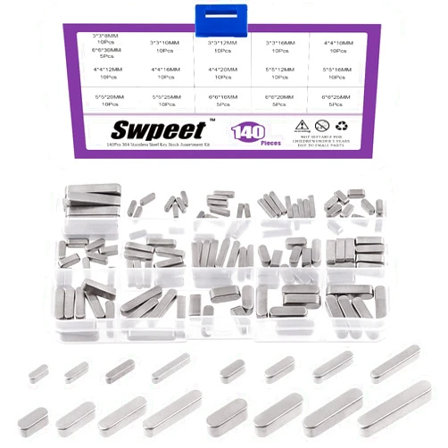 Swpeet 140Pcs 16 Sizes Stainless Steel 3mm 4mm 5mm 6mm Round Ended Feather Key Parallel Drive Shaft Keys Set Key Stock Assortment for Fasteners Mechanical Industry