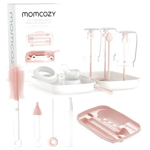 Momcozy Bottle Brush Set - Baby Bottle Cleaner Kit with Silicone Brush, Nipple Brush, Straw Brush, Soap Dispenser, Drying Rack - 7 in 1 Bottle Cleaning Tool for Home and Travel, Pink