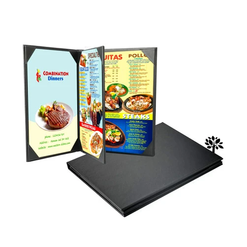 ONLVAN Restaurant Menu Covers Holders 8.5x11 Inch, Four View Leather Menu Holder Covers, Black Leather Menu Covers for Wine List, Drinks, Cafes, Bar, Hotel(8.5x11 inch/4 View-Book Style/1 Pack)